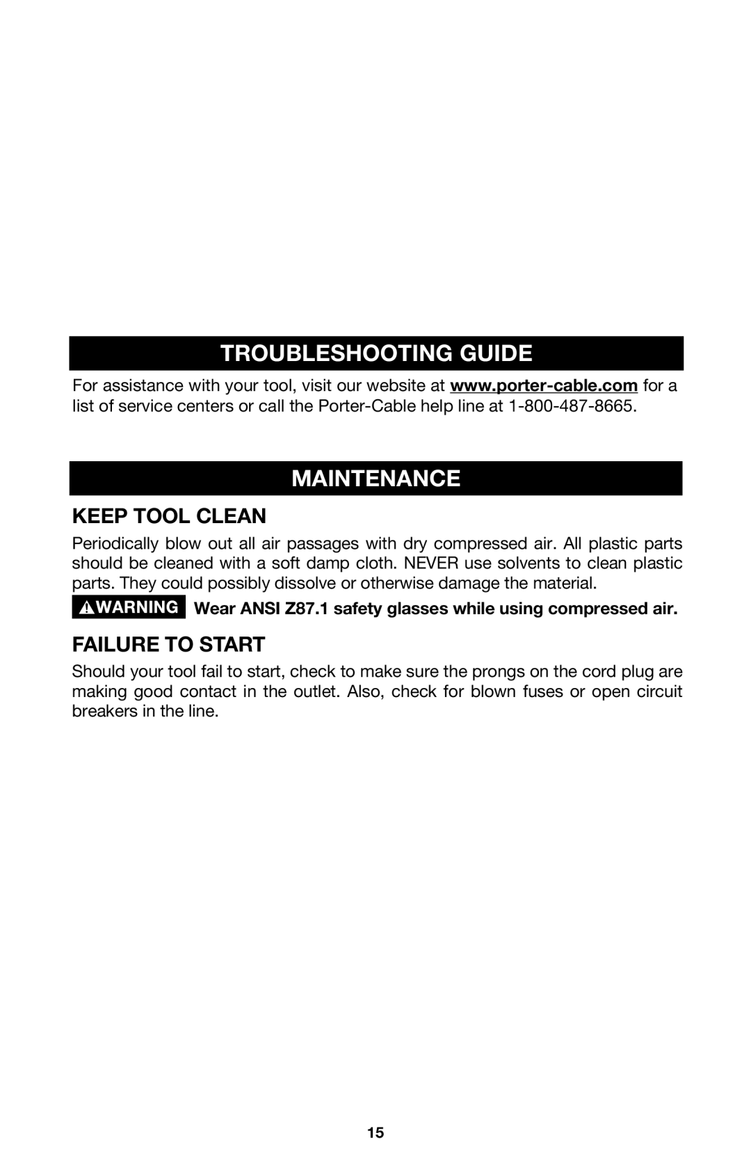 PYLE Audio 314 instruction manual Troubleshooting Guide Maintenance, Keep Tool Clean, Failure to Start 