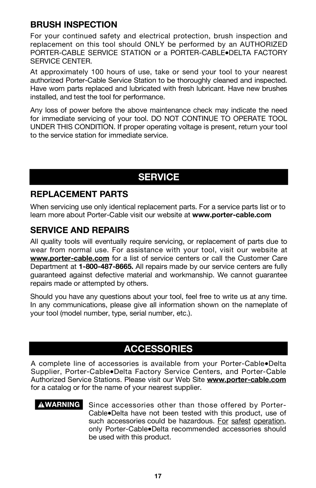 PYLE Audio 314 instruction manual Accessories, Brush Inspection, Replacement Parts Service and Repairs 