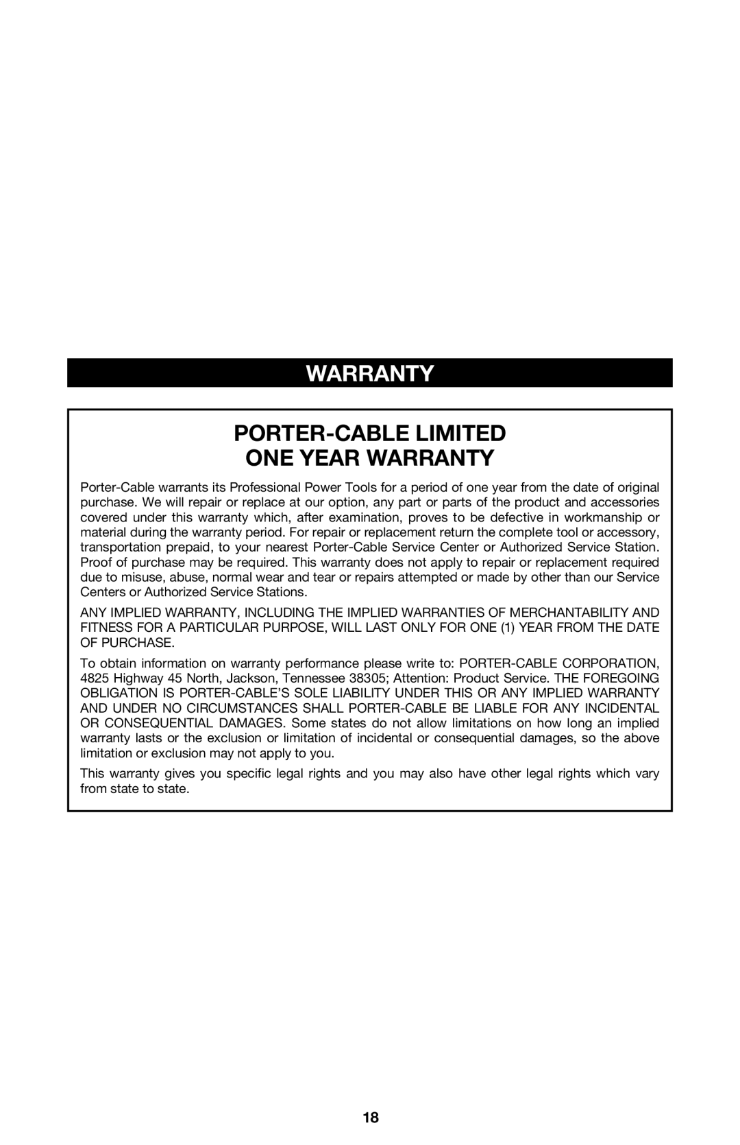 PYLE Audio 314 instruction manual PORTER-CABLE Limited ONE Year Warranty 