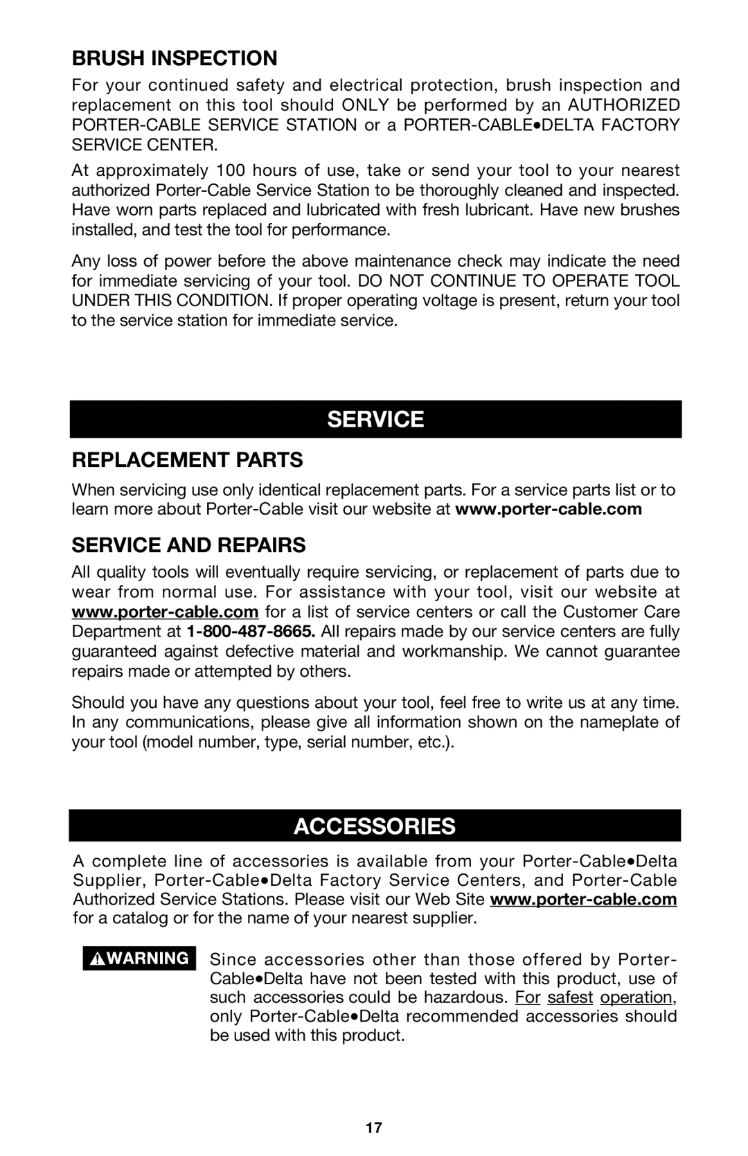 PYLE Audio 314 instruction manual Accessories, Brush Inspection, Replacement Parts, Service And Repairs 