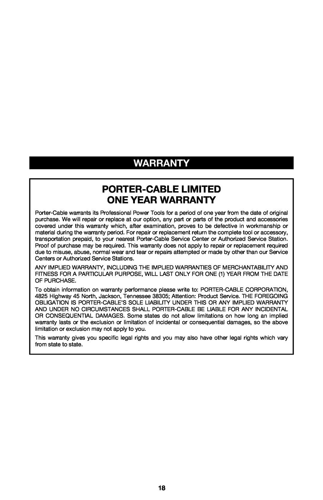PYLE Audio 314 instruction manual Porter-Cable Limited One Year Warranty 
