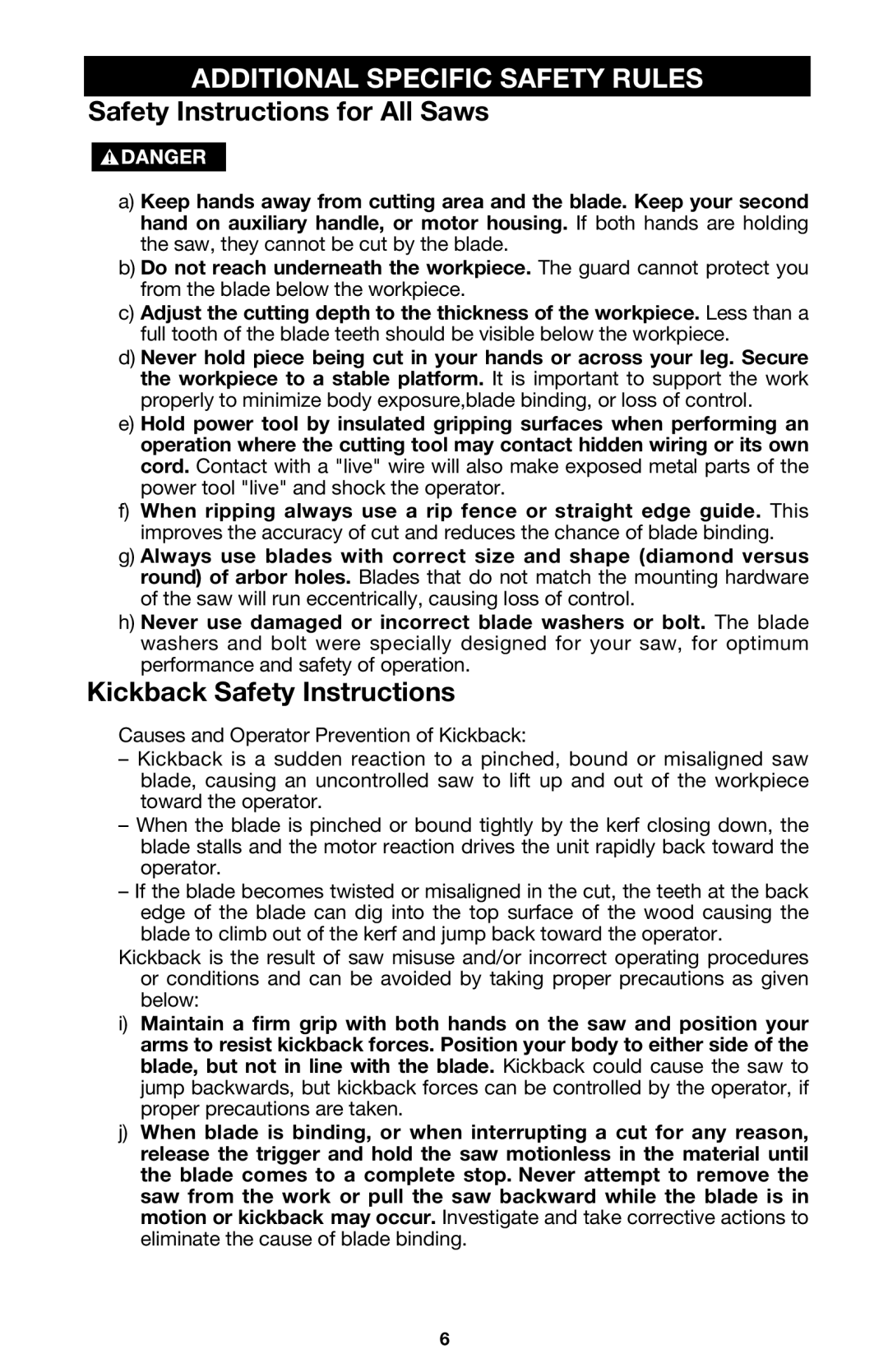 PYLE Audio 314 Additional Specific Safety Rules, Safety Instructions for All Saws, Kickback Safety Instructions 