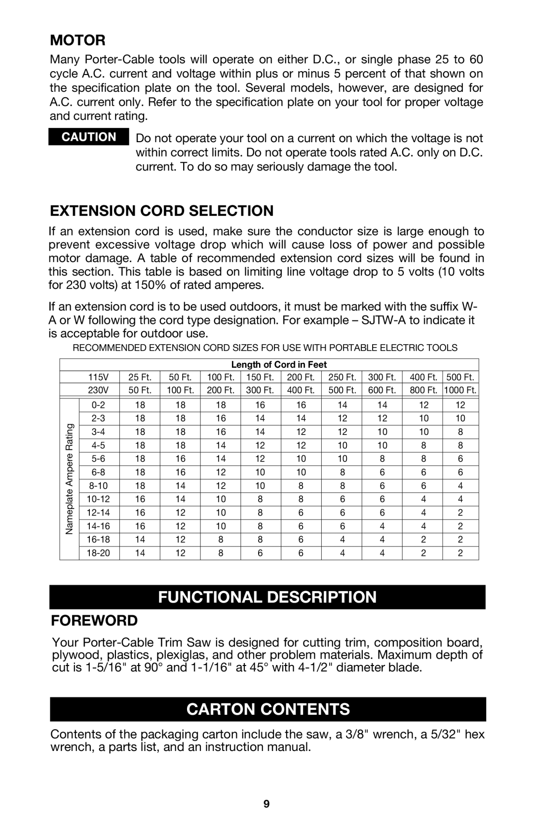 PYLE Audio 314 instruction manual Functional Description, Carton Contents, Motor, Extension Cord Selection, Foreword 