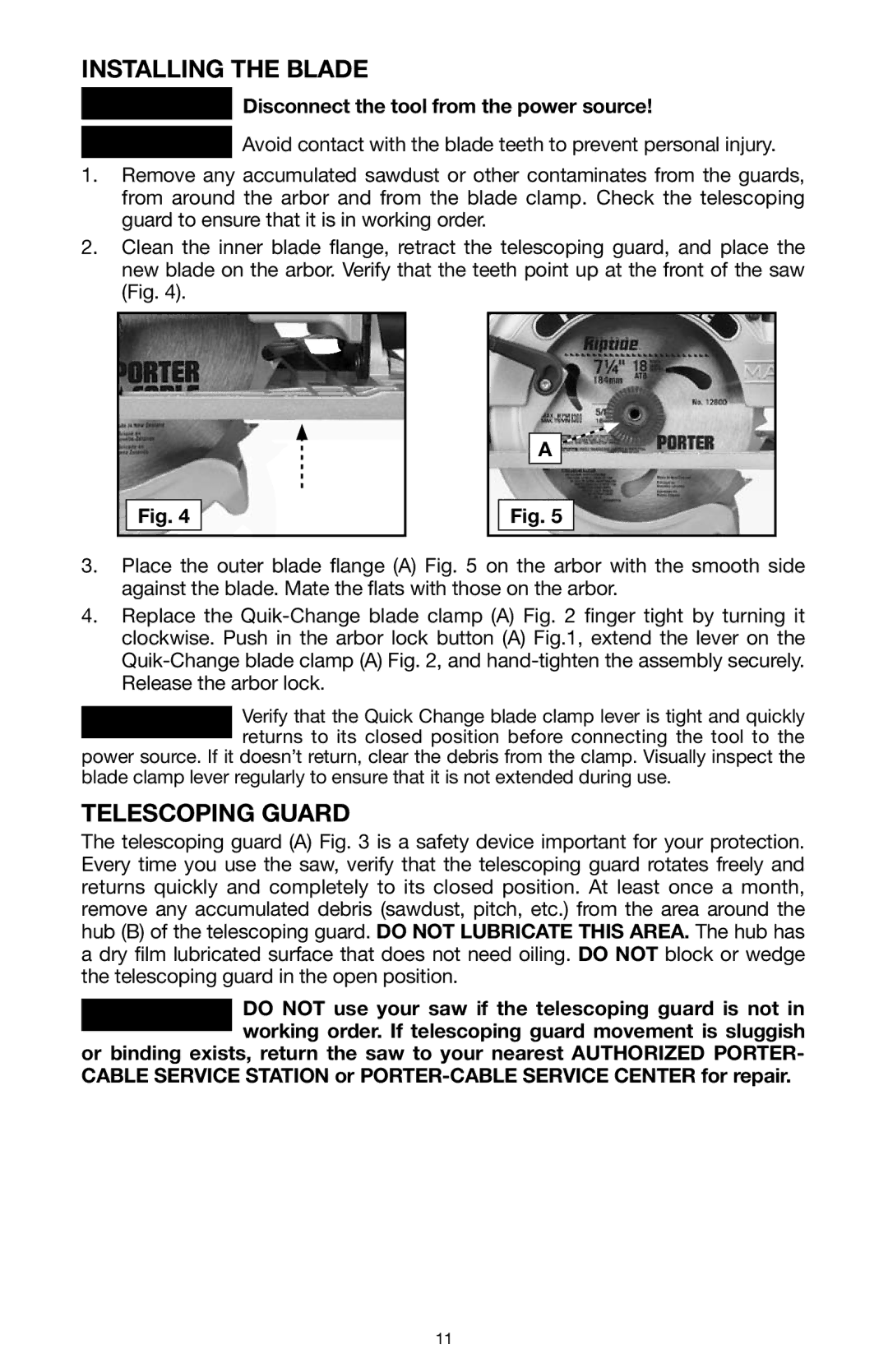 PYLE Audio 324MAG instruction manual Installing the Blade, Telescoping Guard 