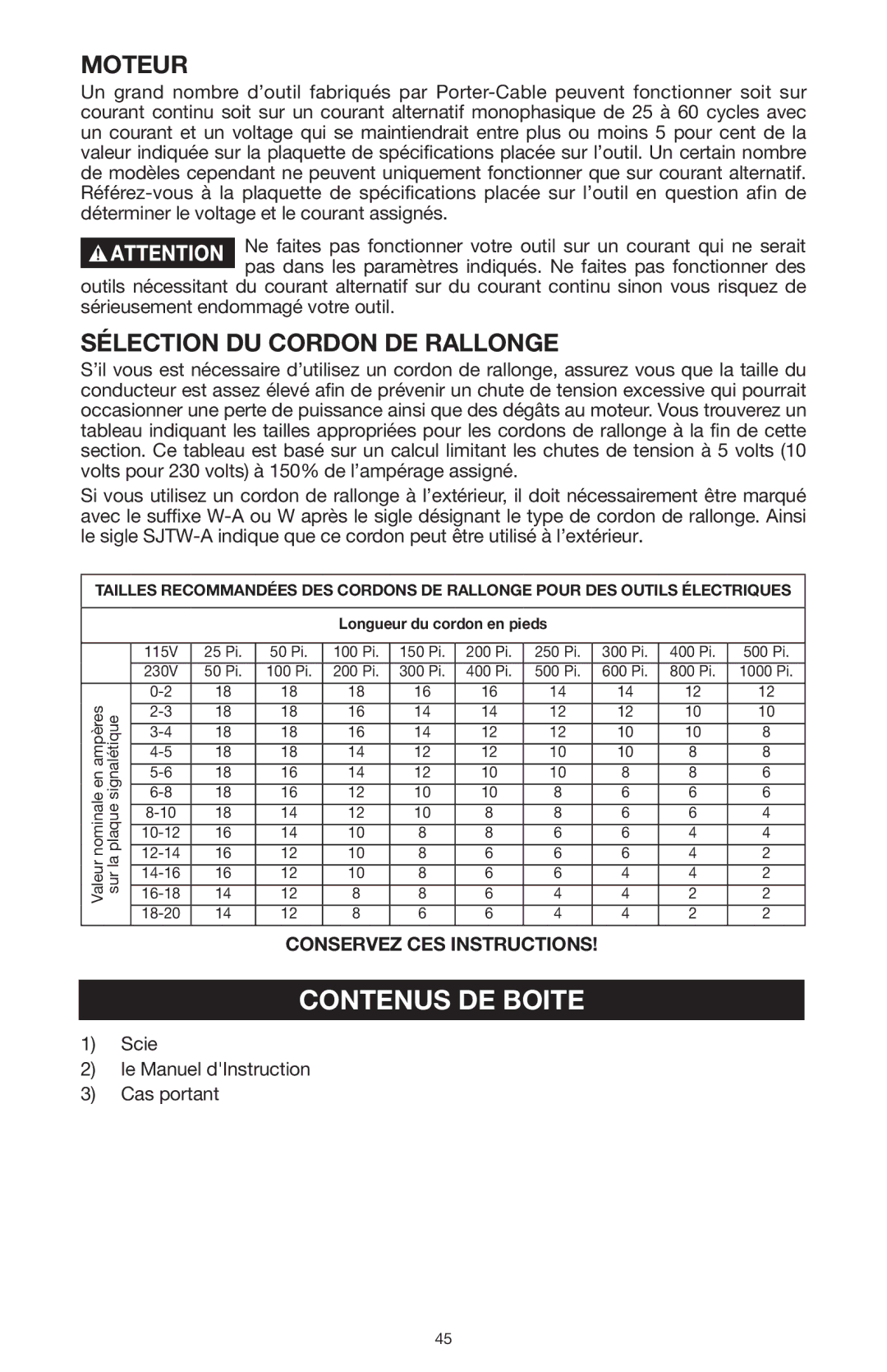 PYLE Audio 324MAG instruction manual Contenus DE Boite, Moteur, Sélection DU Cordon DE Rallonge 