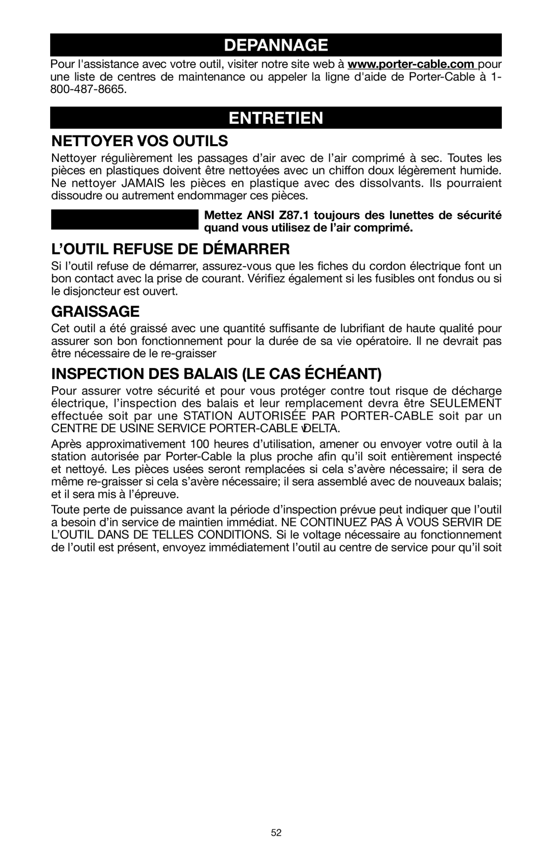 PYLE Audio 324MAG instruction manual Depannage Entretien, Nettoyer VOS Outils, ’OUTIL Refuse DE Démarrer, Graissage 