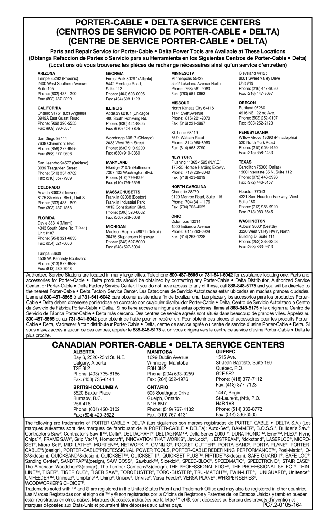 PYLE Audio 330 instruction manual Canadian PORTER-CABLE Delta Service Centers 