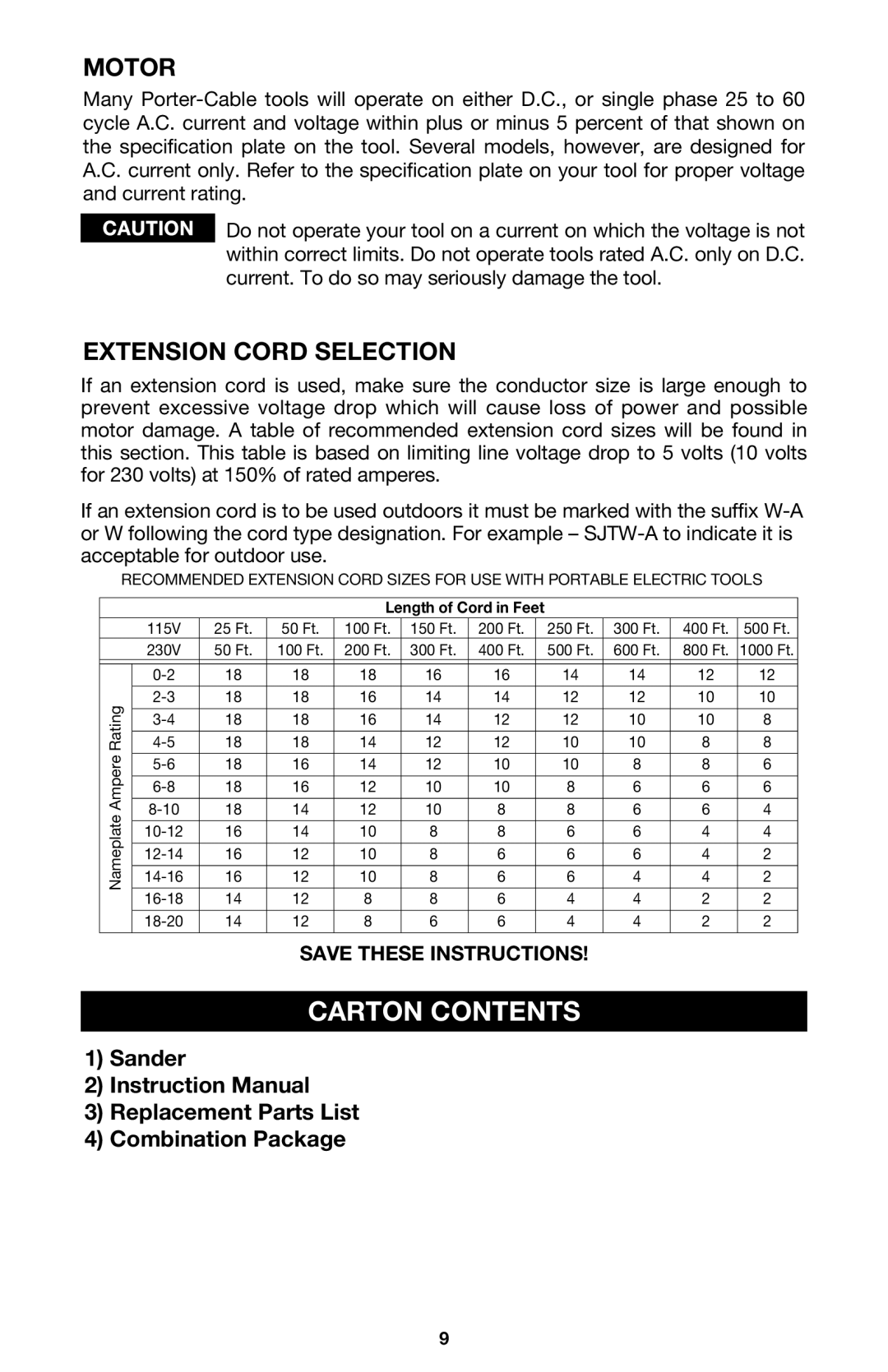 PYLE Audio 330 instruction manual Carton Contents, Motor, Extension Cord Selection 