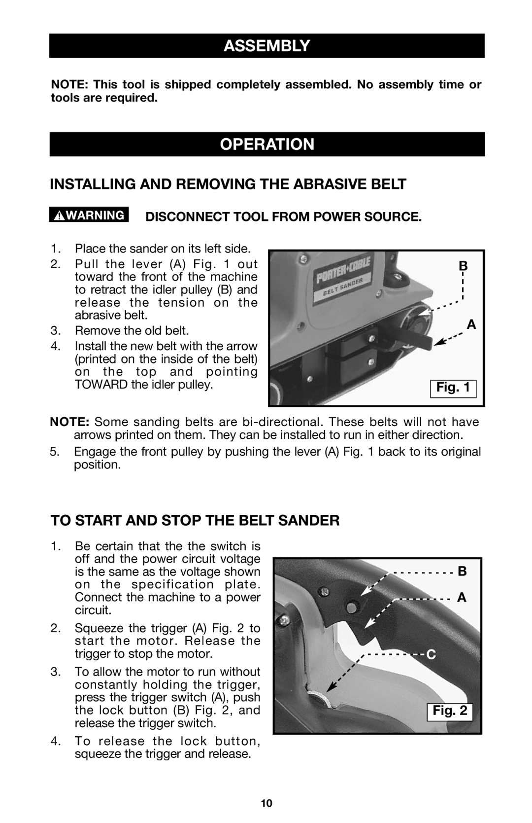 PYLE Audio 352VS Assembly Operation, Installing and Removing the Abrasive Belt, To Start and Stop the Belt Sander 