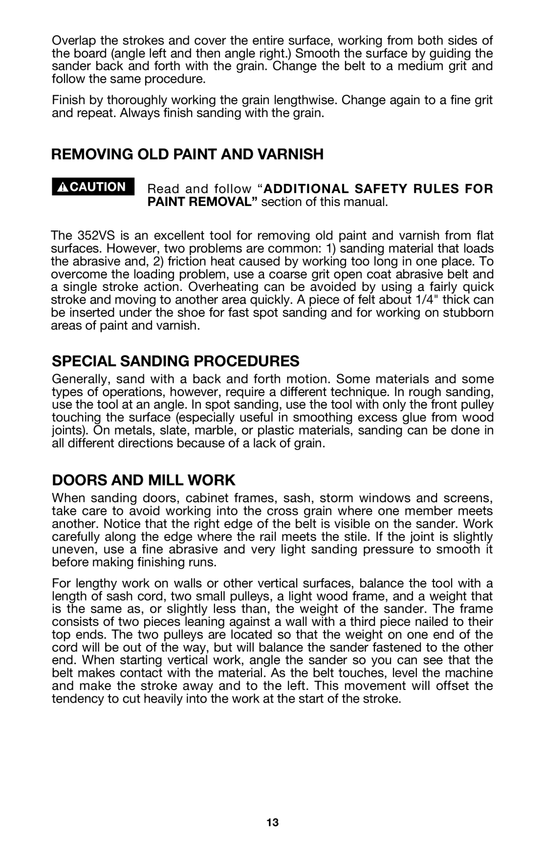 PYLE Audio 352VS instruction manual Removing OLD Paint and Varnish, Special Sanding Procedures, Doors and Mill Work 