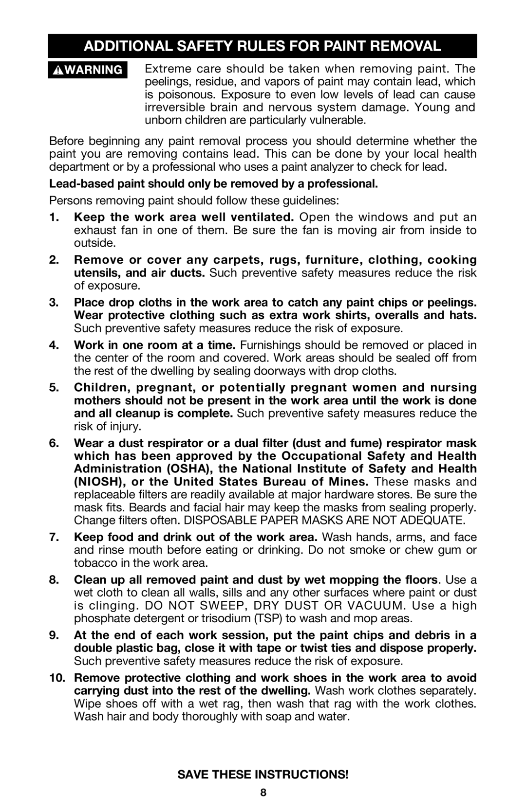 PYLE Audio 352VS instruction manual Additional Safety Rules for Paint Removal 