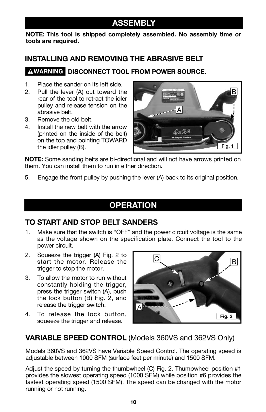 PYLE Audio 363 Assembly, Operation, Installing and Removing the Abrasive Belt, To Start and Stop Belt Sanders 