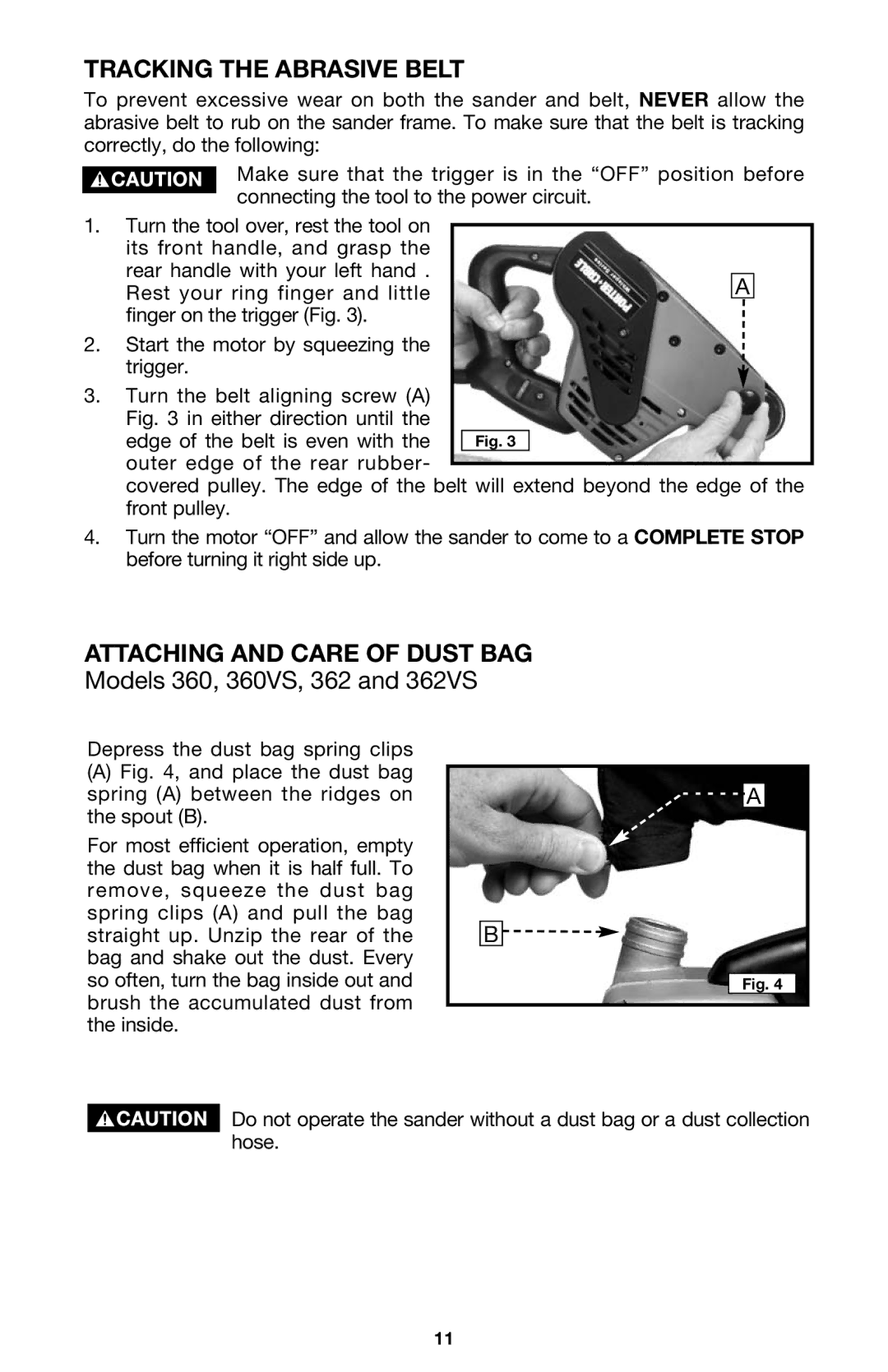 PYLE Audio 363 instruction manual Tracking the Abrasive Belt, Attaching and Care of Dust BAG 