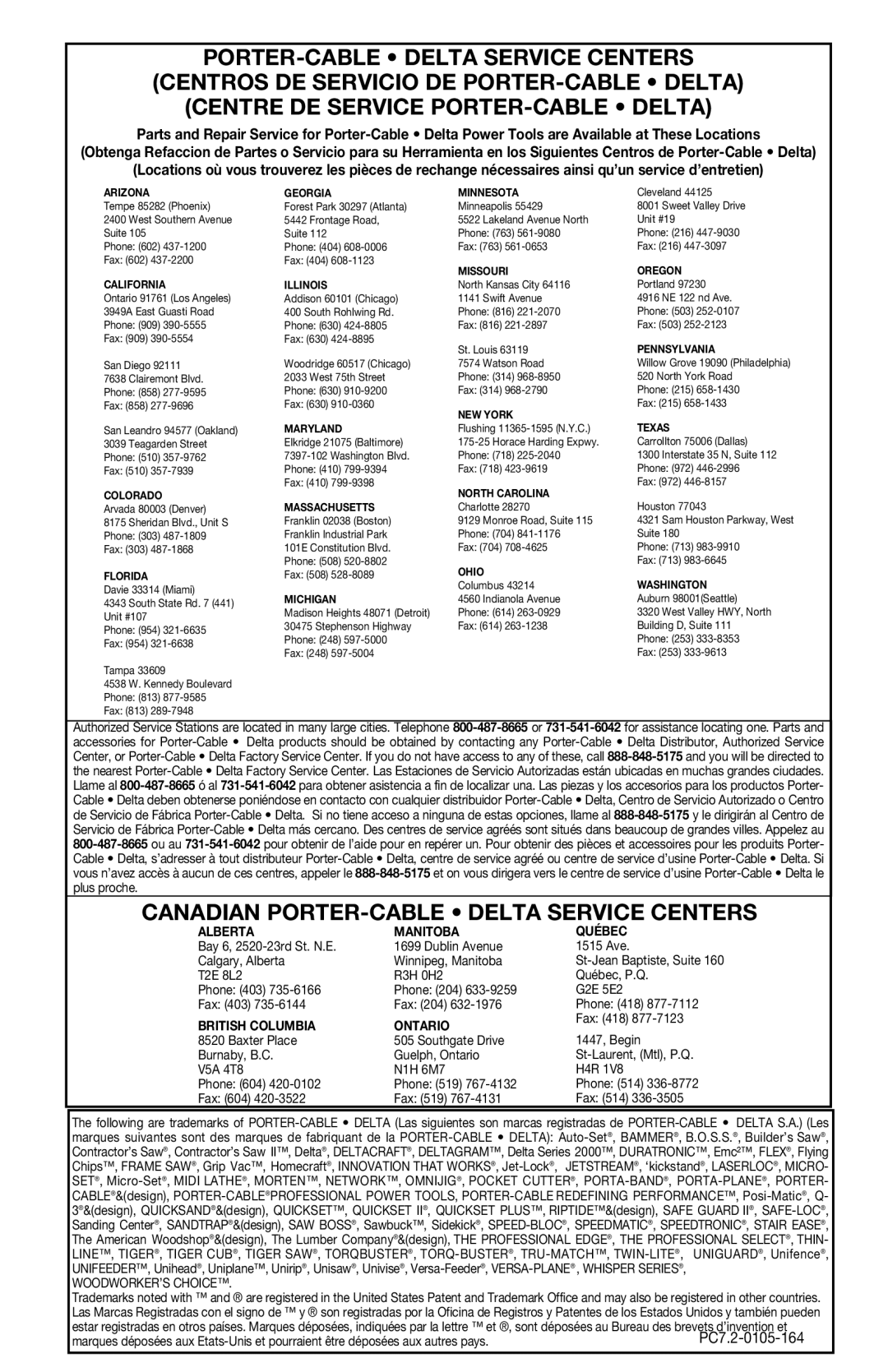 PYLE Audio 363 instruction manual Canadian PORTER-CABLE Delta Service Centers 