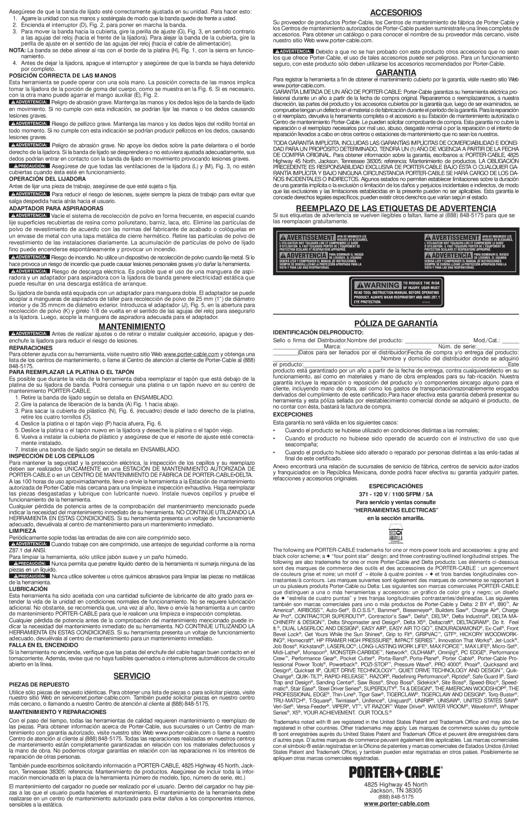 PYLE Audio 371 instruction manual Mantenimiento, Servicio, Accesorios, Garantia, Reemplazo DE LAS Etiquetas DE Advertencia 