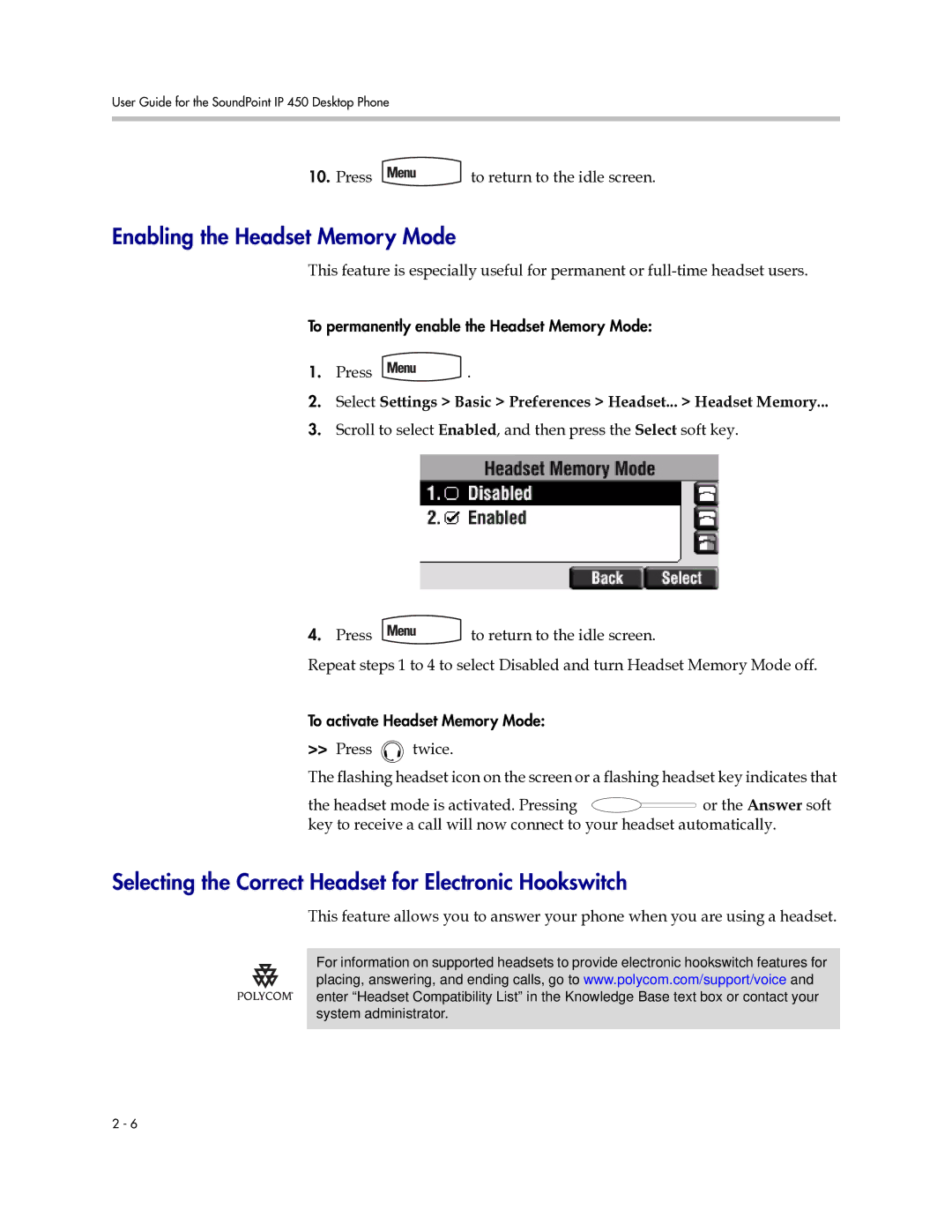 PYLE Audio 450 manual Enabling the Headset Memory Mode, Selecting the Correct Headset for Electronic Hookswitch 