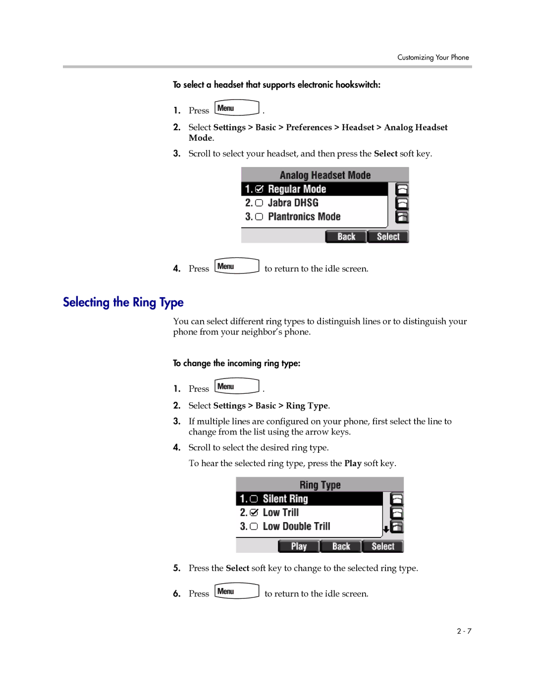 PYLE Audio 450 manual Selecting the Ring Type, Select Settings Basic Ring Type 