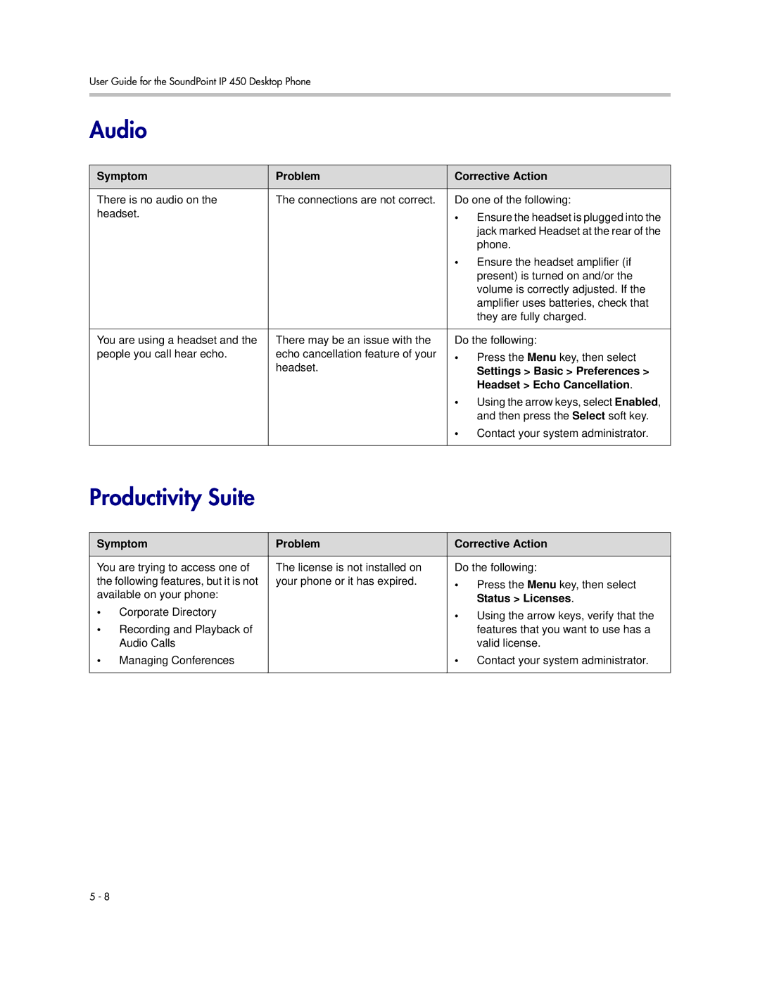 PYLE Audio 450 manual Audio, Productivity Suite, Settings Basic Preferences, Headset Echo Cancellation, Status Licenses 