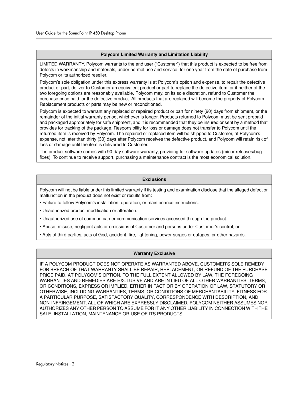 PYLE Audio 450 manual Polycom Limited Warranty and Limitation Liability, Exclusions, Warranty Exclusive 
