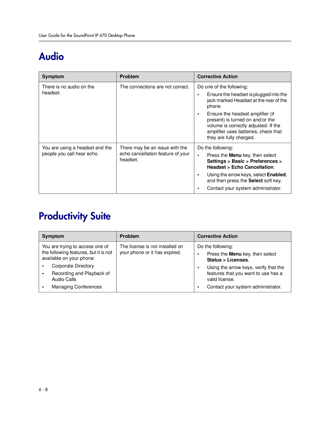 PYLE Audio 670 manual Audio, Productivity Suite, Settings Basic Preferences, Headset Echo Cancellation, Status Licenses 