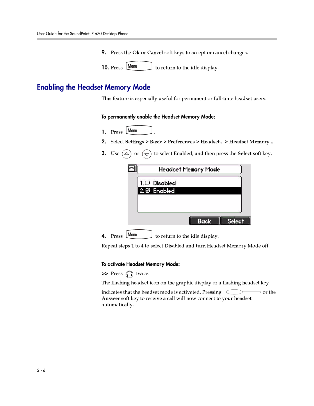 PYLE Audio 670 manual Enabling the Headset Memory Mode, Select Settings Basic Preferences Headset... Headset Memory 