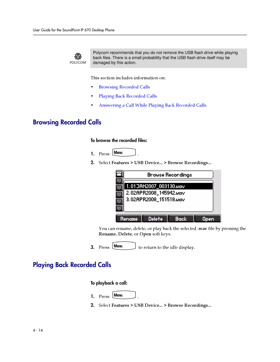 PYLE Audio 670 manual Browsing Recorded Calls, Playing Back Recorded Calls, Select Features USB Device... Browse Recordings 