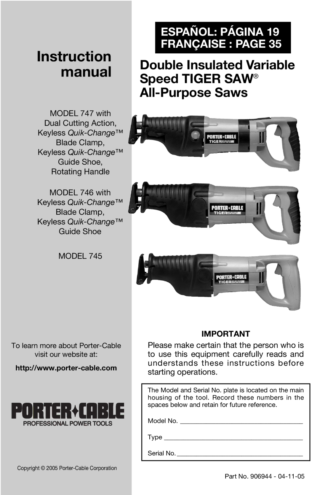 PYLE Audio 747 instruction manual Double Insulated Variable Speed Tiger SAW All-Purpose Saws 