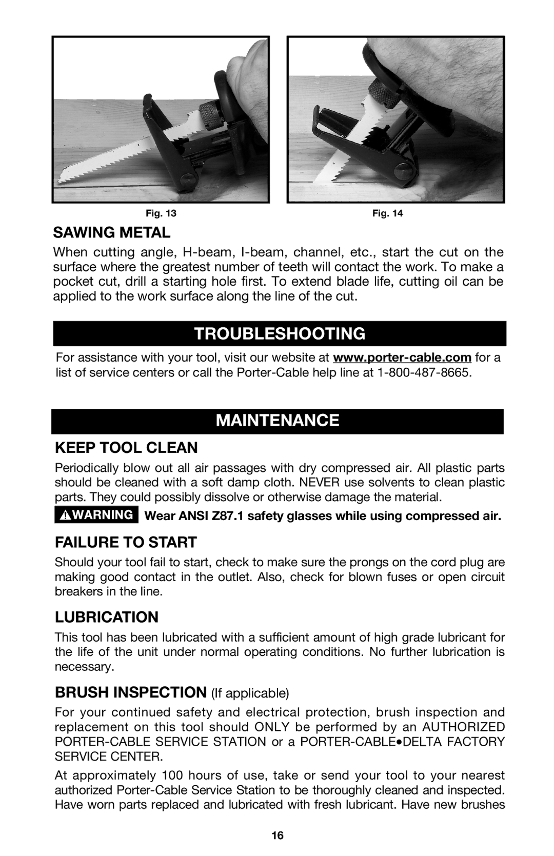 PYLE Audio 747 instruction manual Troubleshooting Maintenance, Sawing Metal, Keep Tool Clean, Failure to Start, Lubrication 