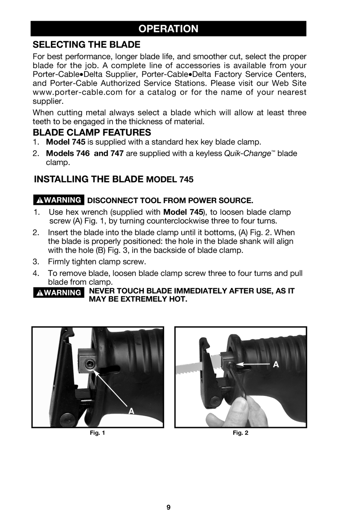 PYLE Audio 747 instruction manual Operation, Selecting the Blade, Blade Clamp Features, Installing the Blade Model 