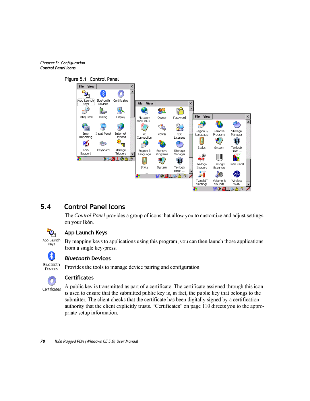 PYLE Audio 7505-BTSDCMHC25 user manual Control Panel Icons, App Launch Keys, Certificates 