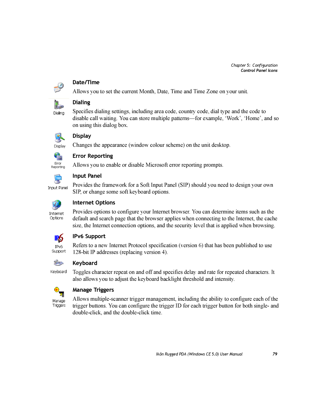 PYLE Audio 7505-BTSDCMHC25 Date/Time, Dialing, Display, Error Reporting, Input Panel, Internet Options, IPv6 Support 