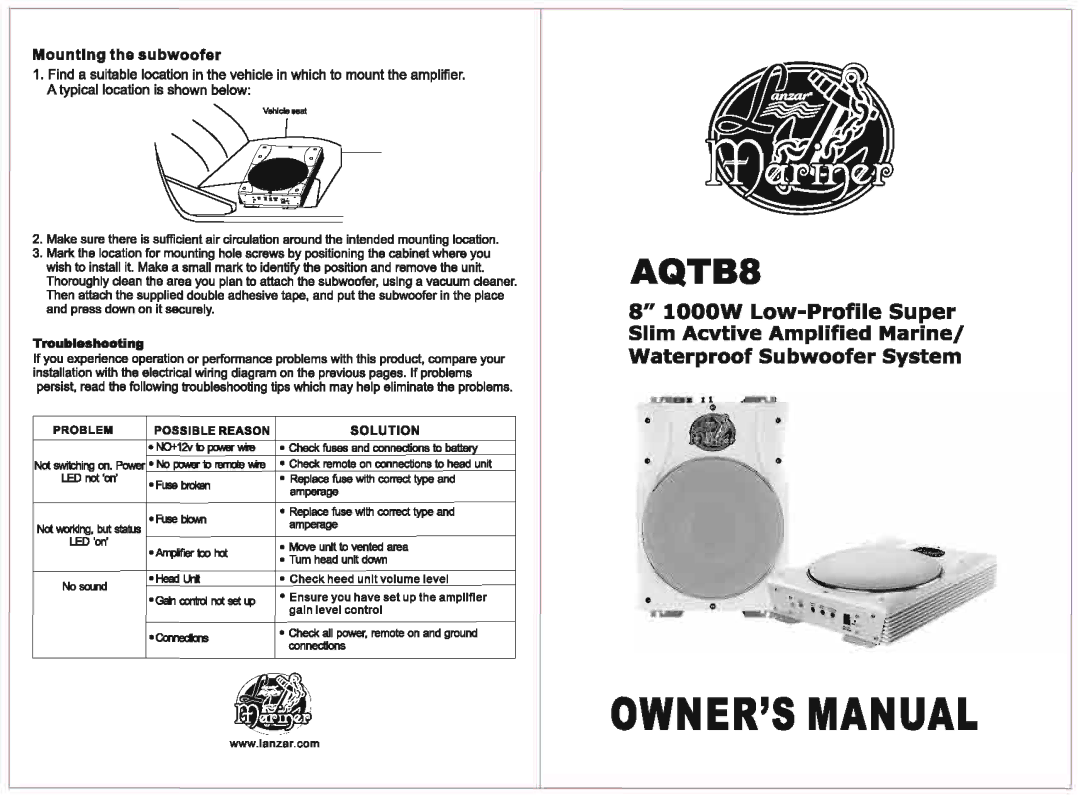 PYLE Audio AQTB8 manual Owners Anual 