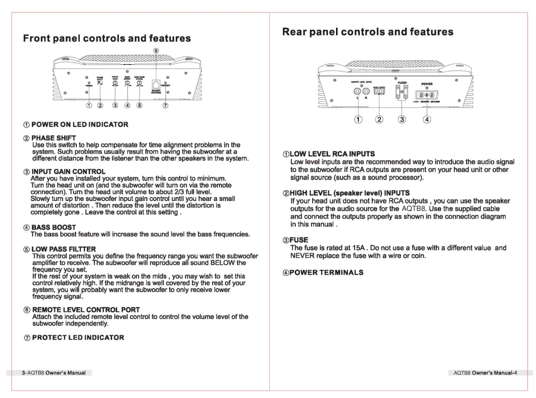 PYLE Audio AQTB8 manual Front panel controls and features 