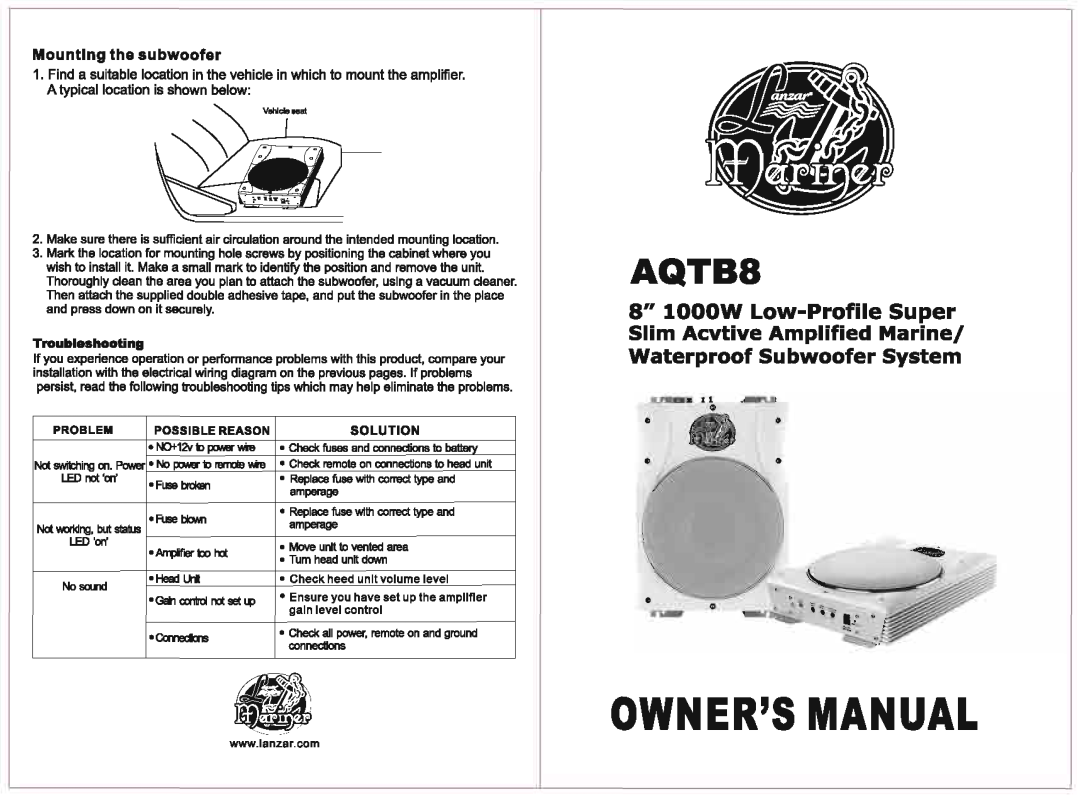 PYLE Audio AQTB8 manual 8 1000W Low-ProfileSuper, Slim Acvtive Amplified Marinel, Waterproof Subwoofer System, LED net en 