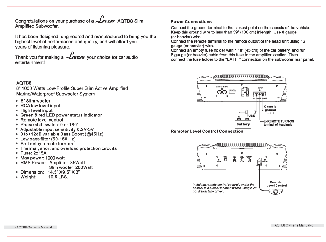 PYLE Audio AQTB8 manual Marine/Waterproof Subwoofer System, 1000 