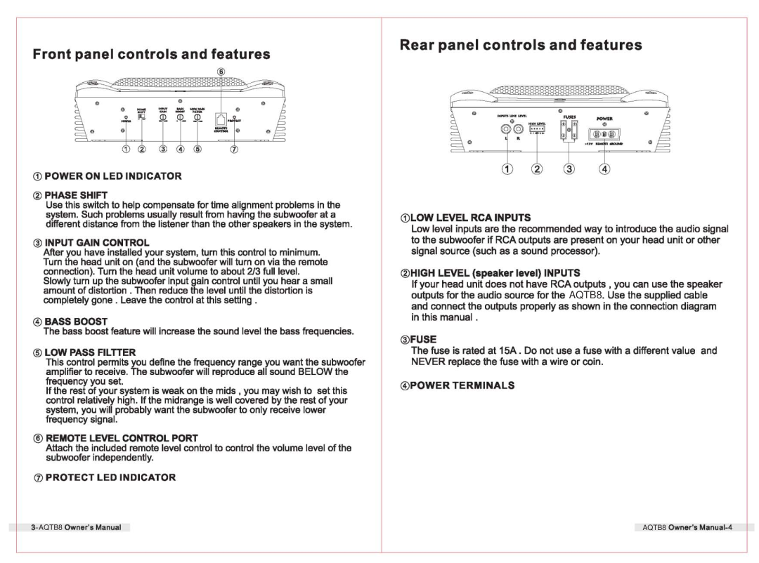 PYLE Audio AQTB8 manual Front panel controls and features, Rear panel controls and features 