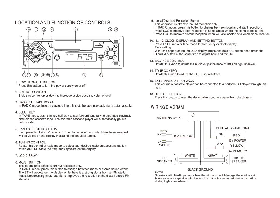 PYLE Audio AT-3040 dimensions Location and Function of Controls, Wiring Diagram 