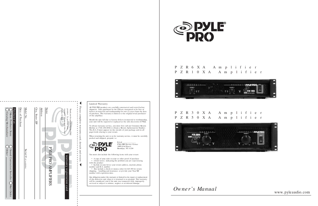 PYLE Audio PZR50XA, AZR6XA, PZR30XA, PZR10XA owner manual Card, detach and return, Limited Warranty 