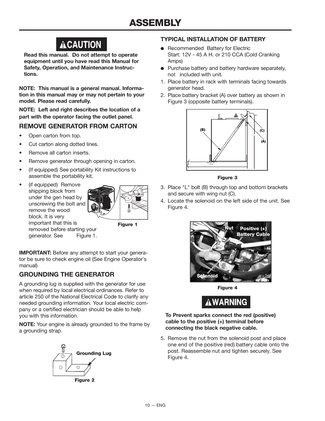 PYLE Audio BSV750 instruction manual Assembly, Remove Generator from Carton, Grounding the Generator 