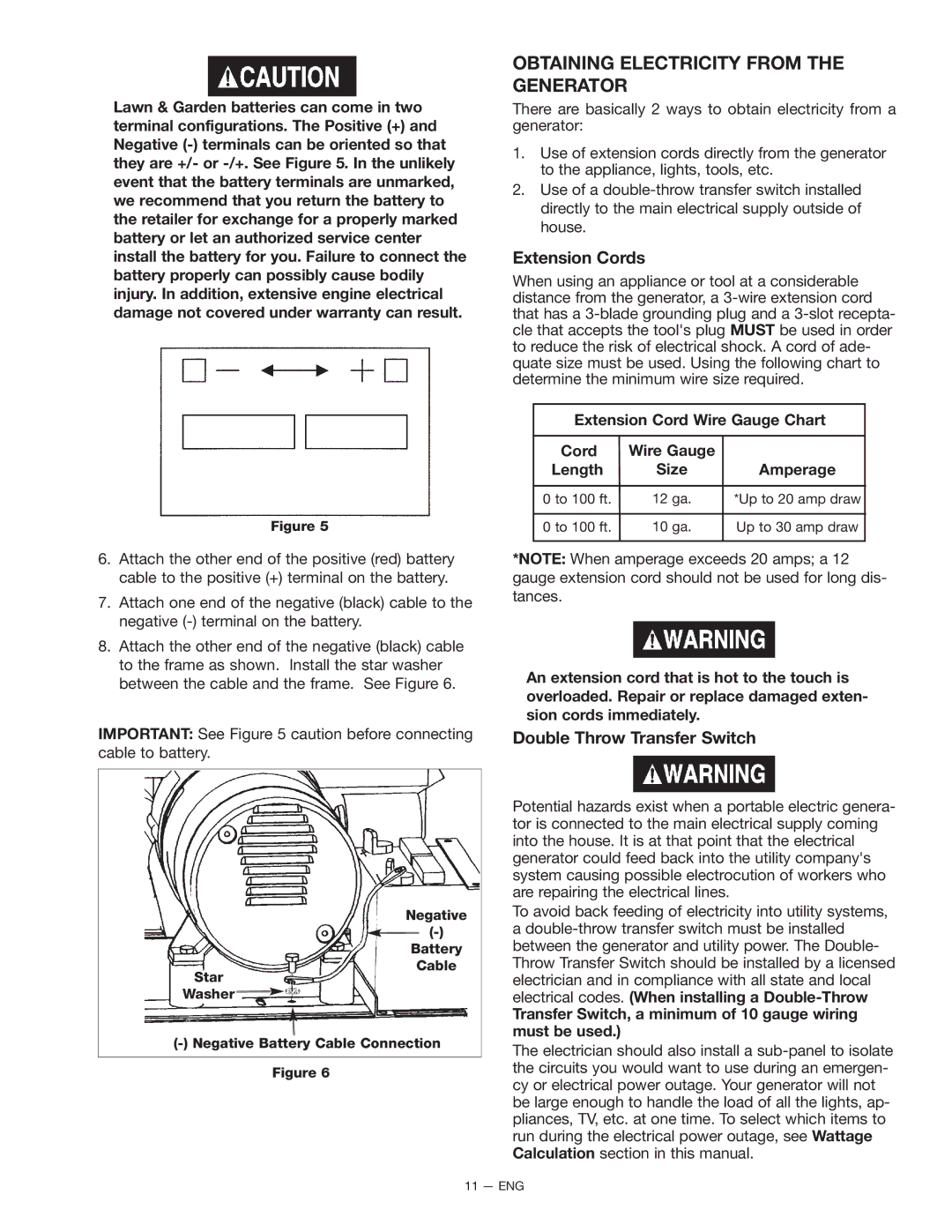 PYLE Audio BSV750 instruction manual Obtaining Electricity from the Generator, Extension Cord Wire Gauge Chart Length 