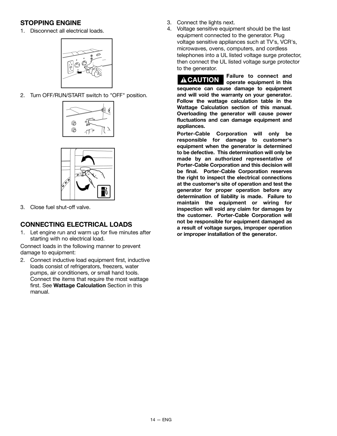 PYLE Audio BSV750 instruction manual Stopping Engine, Connecting Electrical Loads 