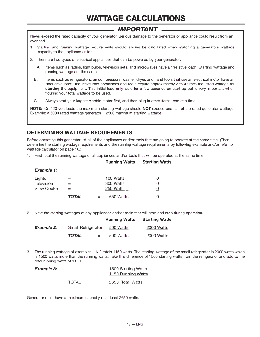 PYLE Audio BSV750 instruction manual Wattage Calculations, Determining Wattage Requirements, Running Watts Starting Watts 