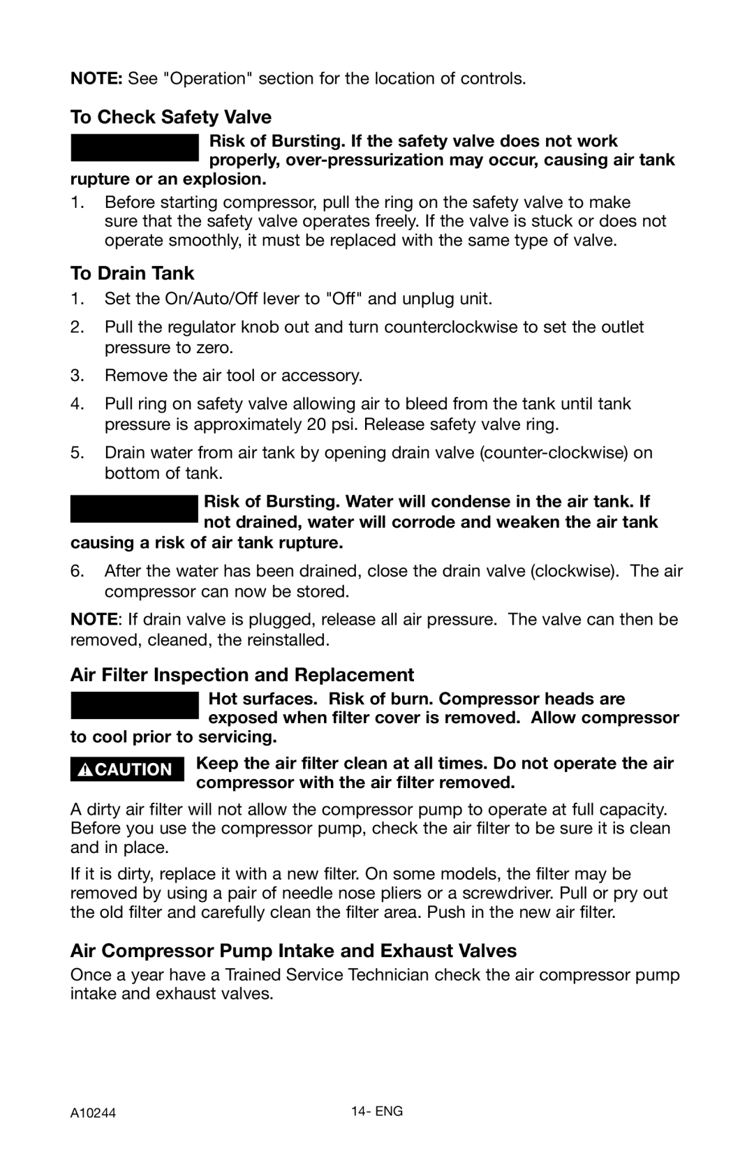 PYLE Audio C6110 instruction manual To Check Safety Valve, To Drain Tank, Air Filter Inspection and Replacement 