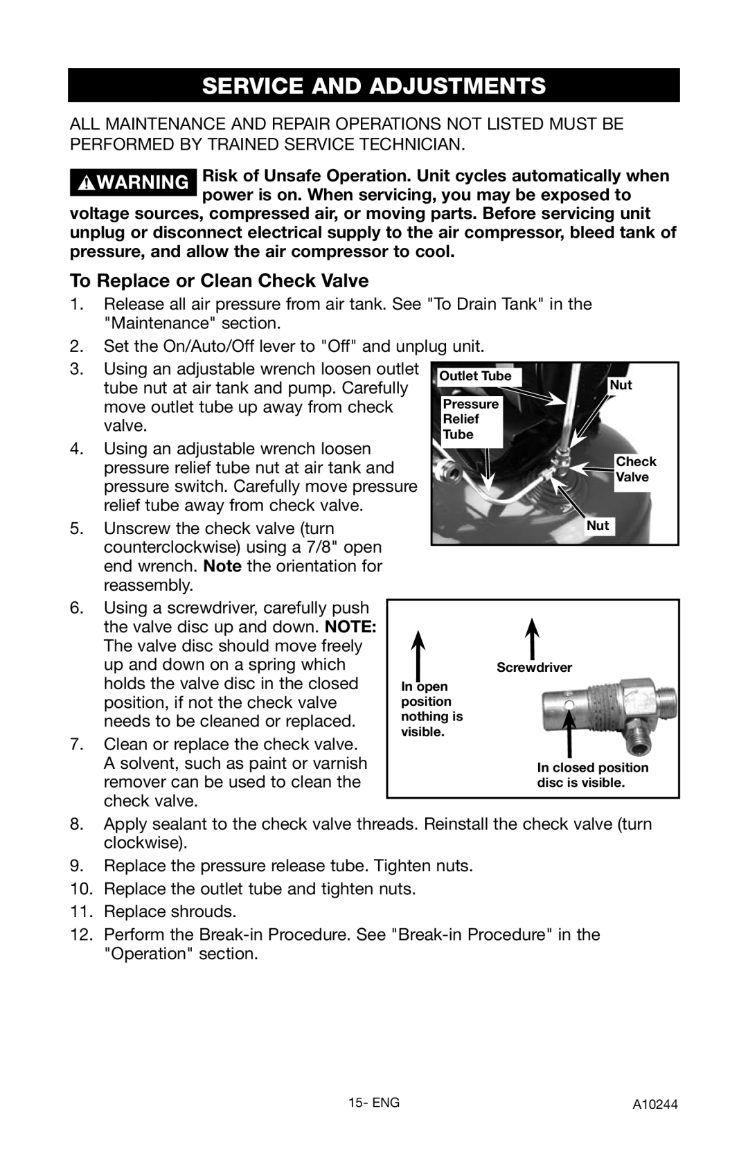 PYLE Audio C6110 instruction manual Service and Adjustments, To Replace or Clean Check Valve 