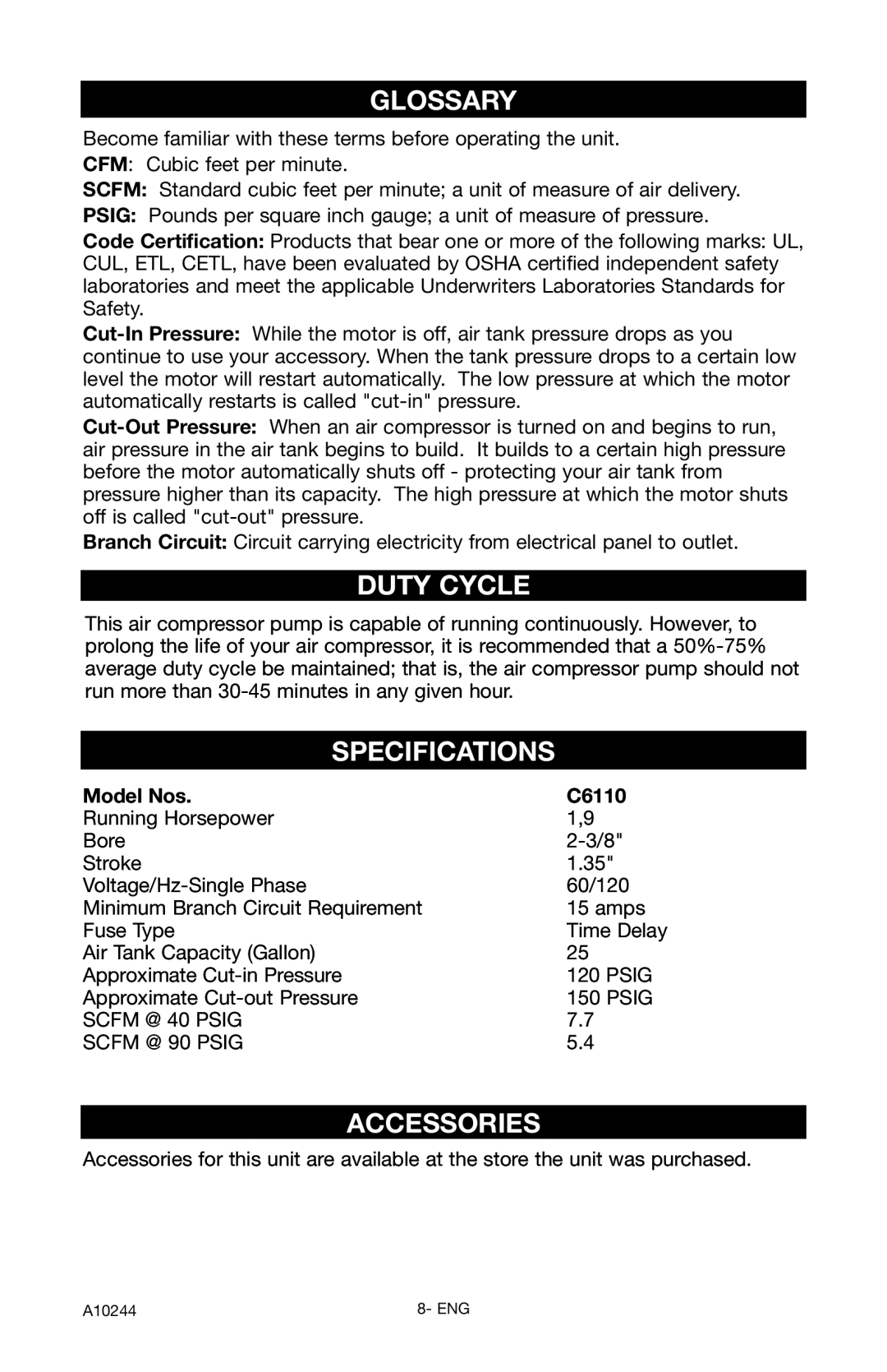 PYLE Audio instruction manual Glossary, Duty Cycle, Specifications, Accessories, Model Nos C6110 