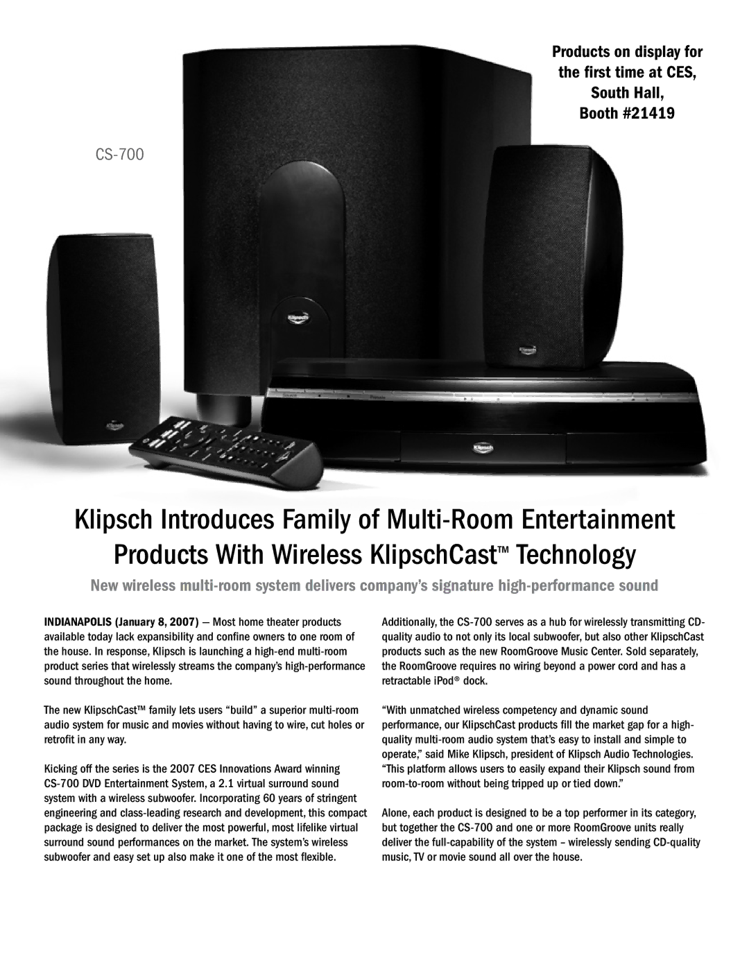 PYLE Audio CES 2007 Products With Wireless KlipschCast Technology, Klipsch Introduces Family of Multi-Room Entertainment 