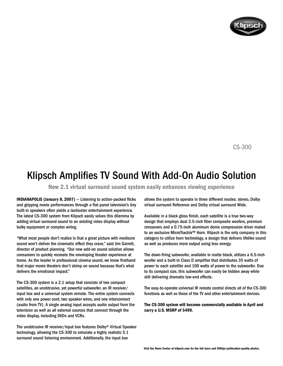 PYLE Audio CES 2007 manual Klipsch Amplifies TV Sound With Add-On Audio Solution 