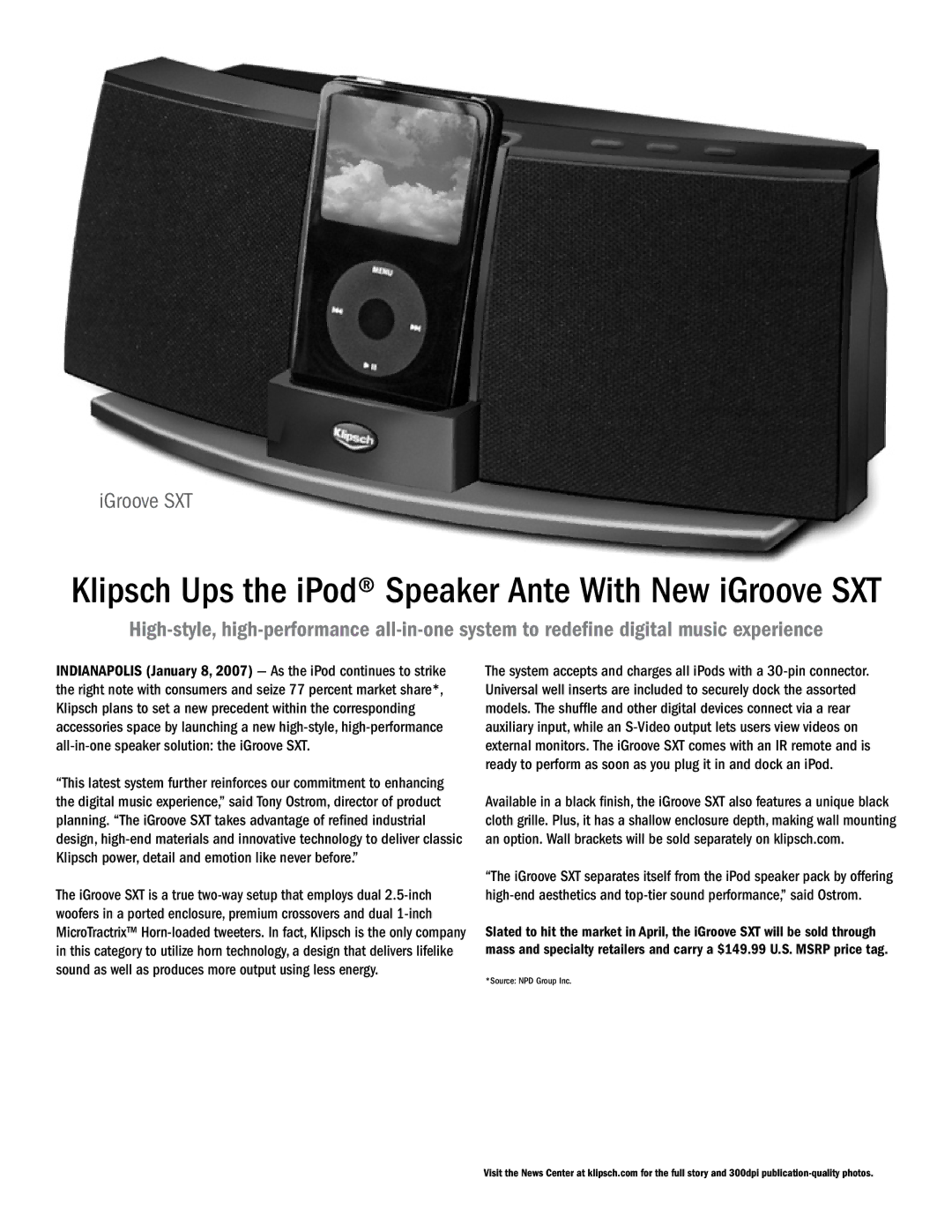 PYLE Audio CES 2007 manual Klipsch Ups the iPod Speaker Ante With New iGroove SXT 