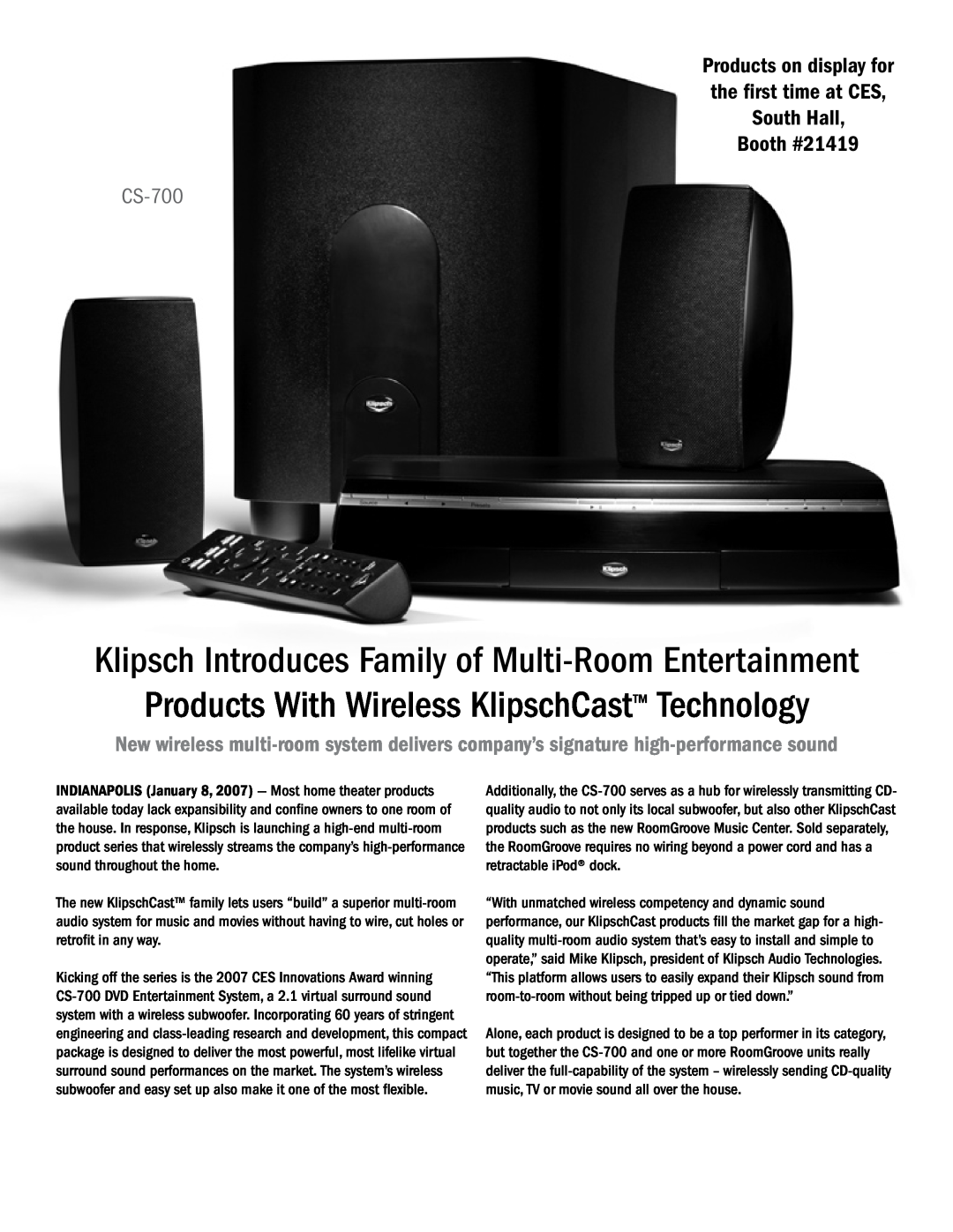PYLE Audio CES 2007 manual CS-700, Products With Wireless KlipschCast Technology, Booth #21419 