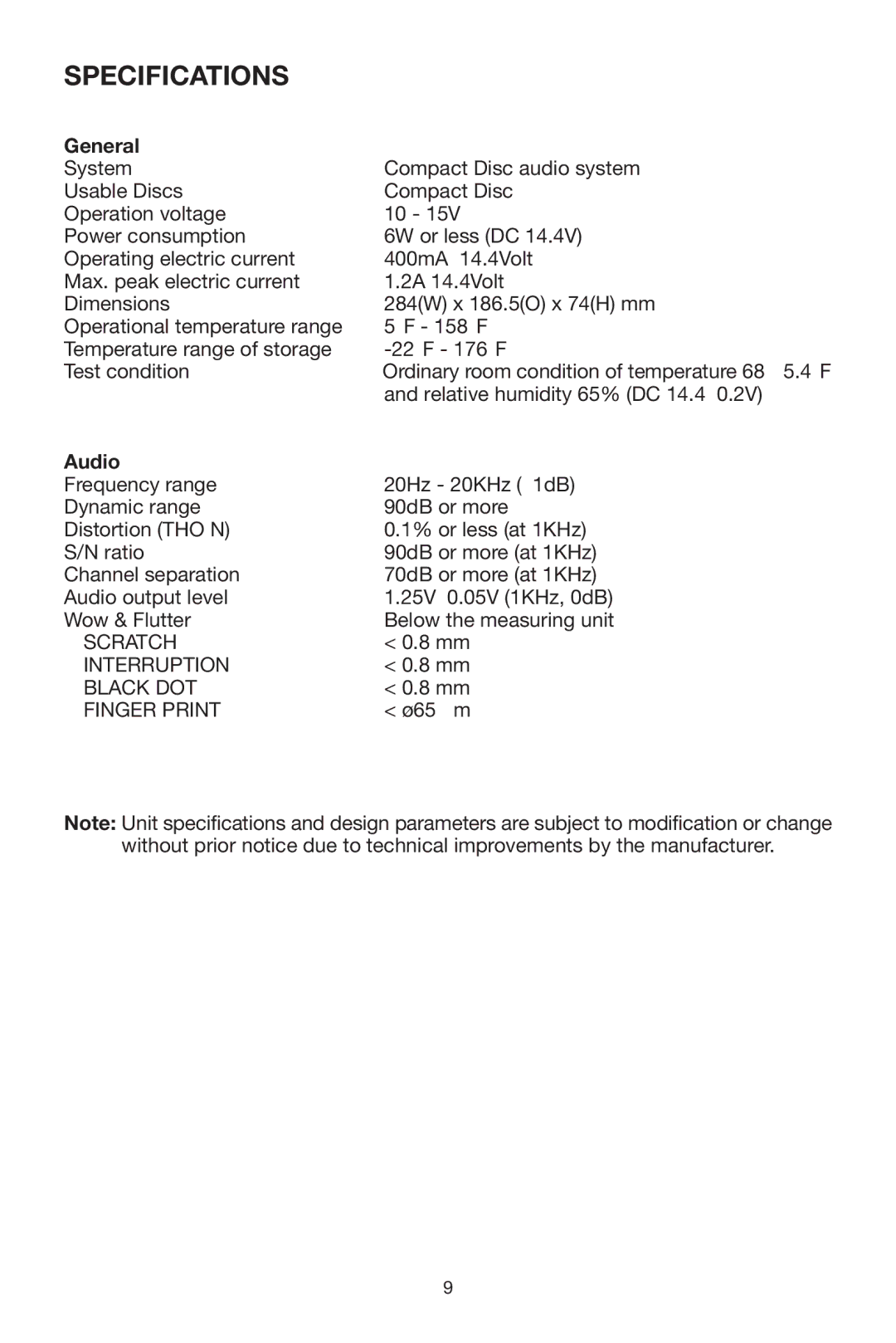 PYLE Audio DISC CD CHANGE instruction manual Specifications, General, Audio 